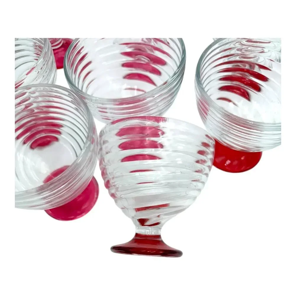 1-Swirl Foot Manhattan Park Ave Depression Dessert Compote‎ Glass Dish Pink/Red
